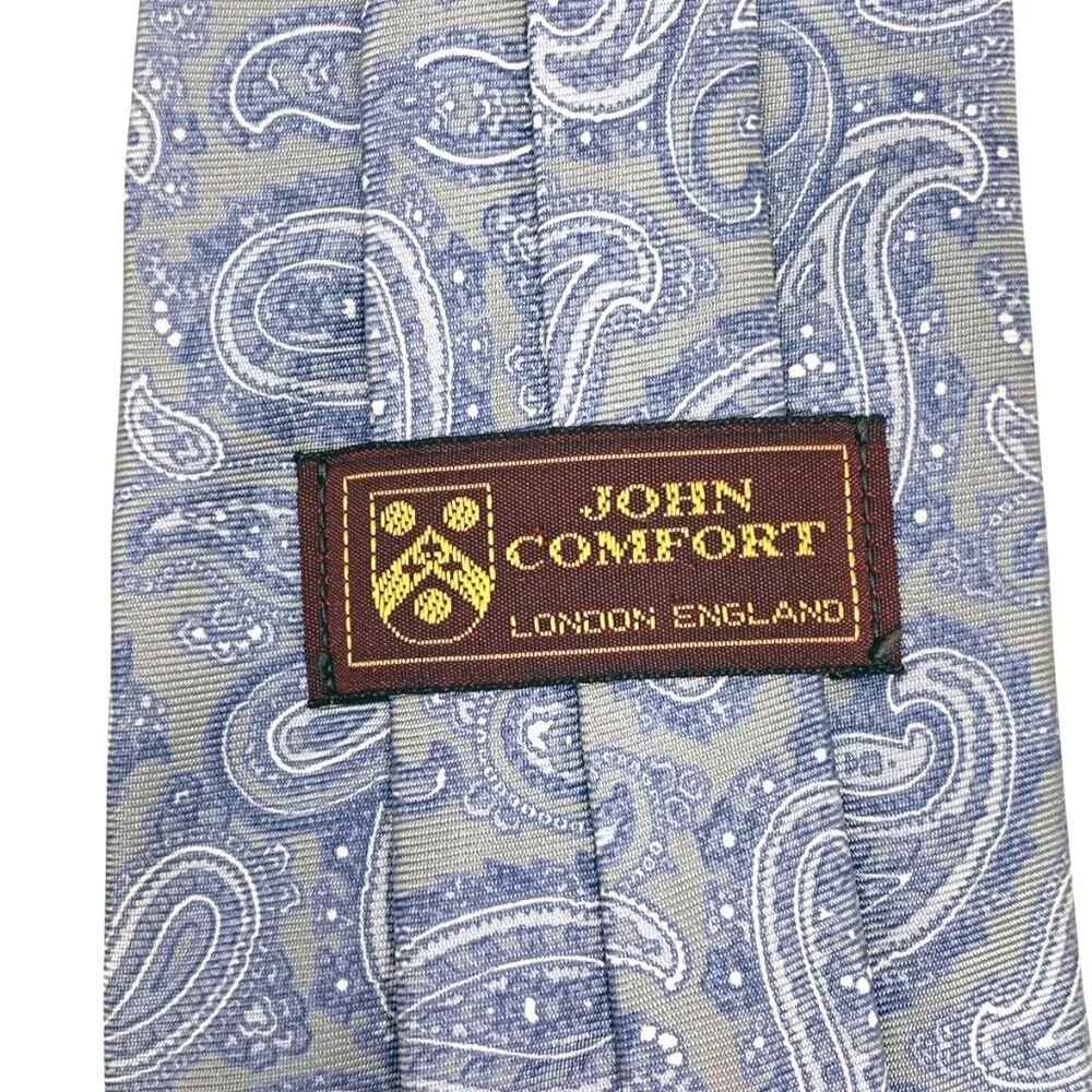 Vintage John Comfort Gray Blue Silk Paisley Necktie‎ Made in London England